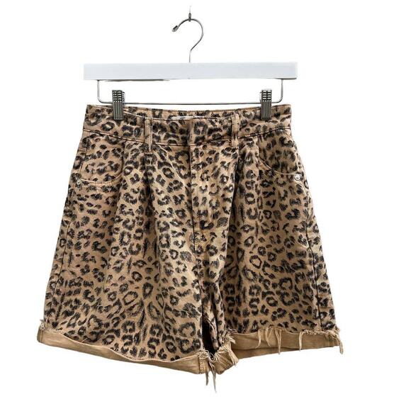 Free People Cheetah Leopard High Waist Raw Hem Denim Shorts - Picture 3 of 5